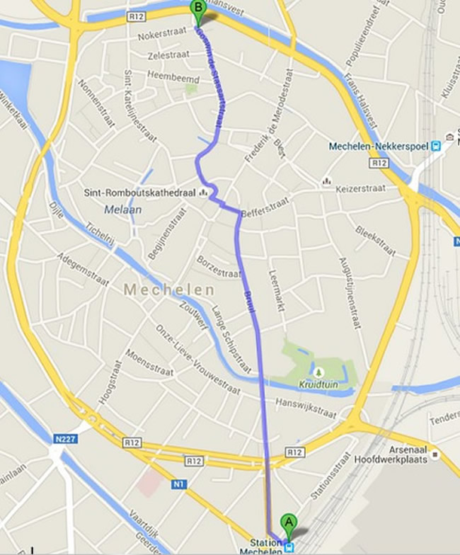 walking map of Mechelen Station to Kazerne Dossin